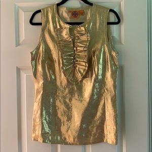 Tory burch holiday gold ruffle top  sleeveless size 10